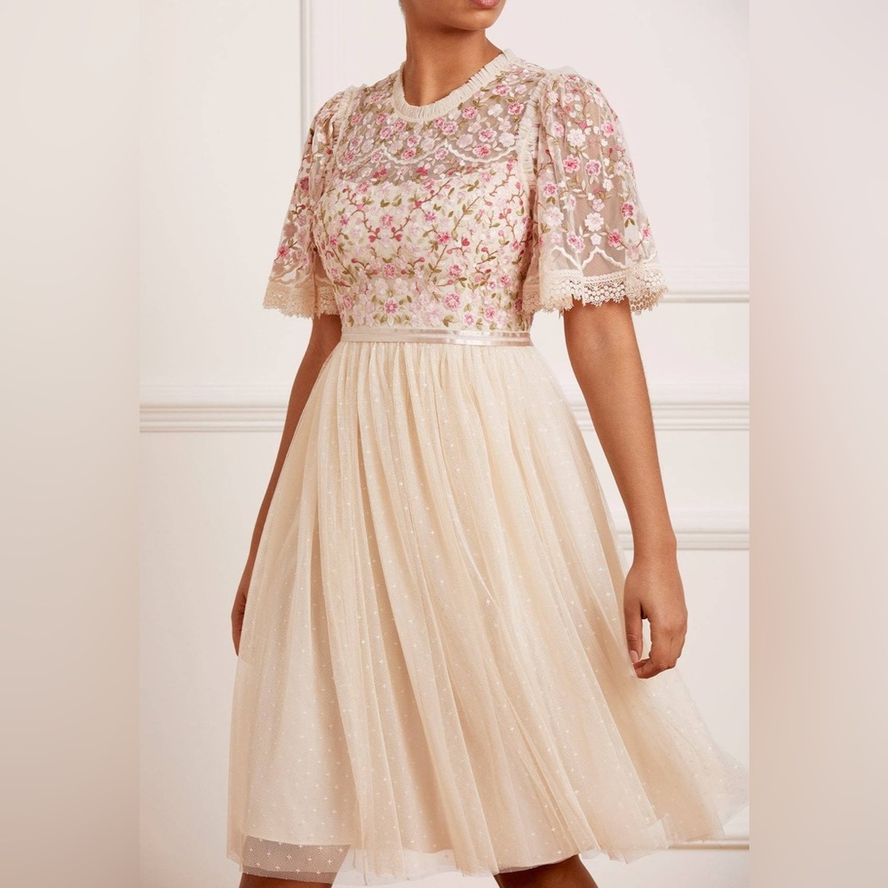 Needle & Thread Rosie Lace Bodice Short Sleeve Midi Dress Gown Floral Tulle